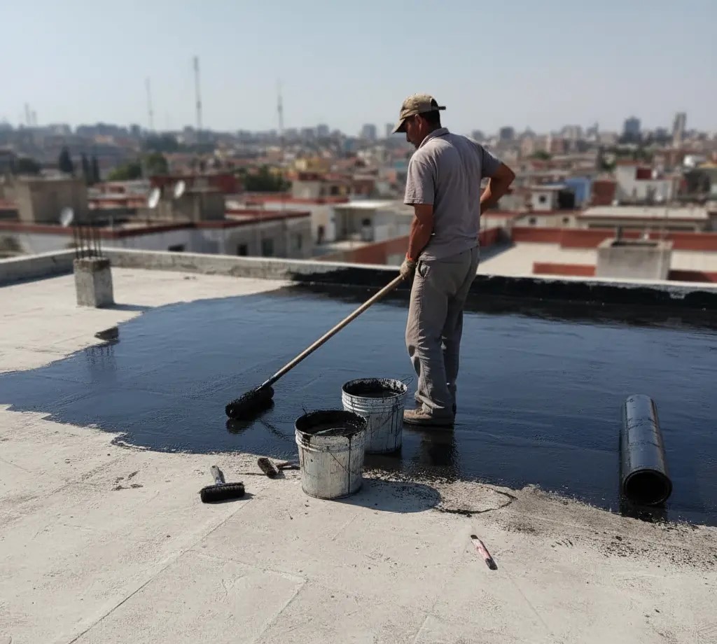 Persona poniendo caucho a un suelo